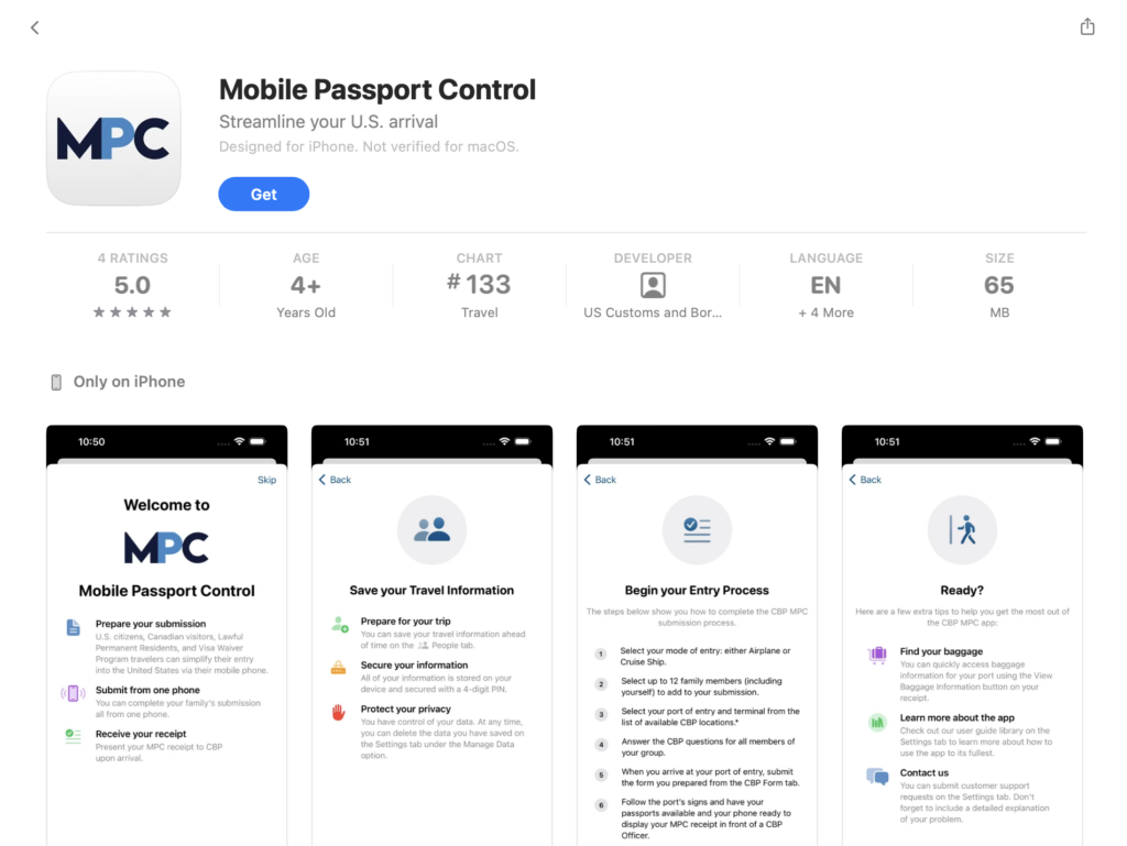 Screenshot of Mobile Passport Control app.